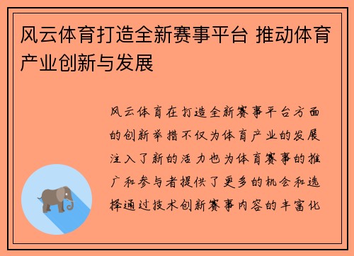 风云体育打造全新赛事平台 推动体育产业创新与发展